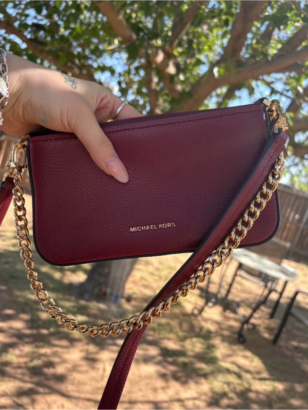 Michael Kors Burgundy Leather Crossbody with Gold Chain Strap